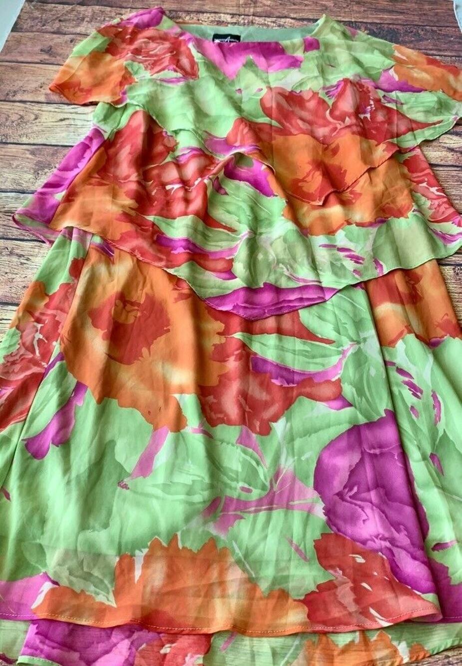 Positive Attitude Women's Blouson Dress Green Red Floral Lined Layers USA 20